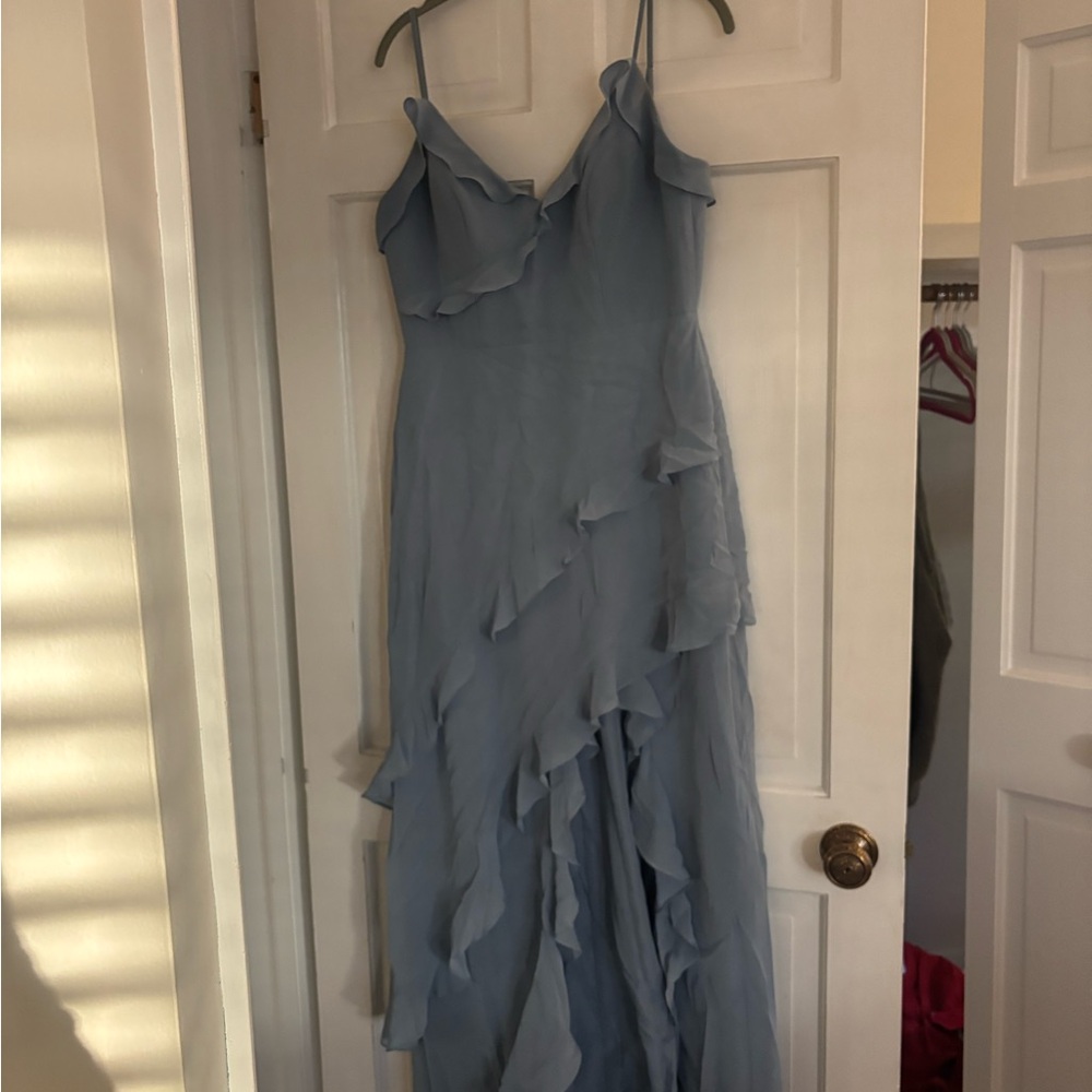 Revelry Bridesmaid Blue Ruffle Dress